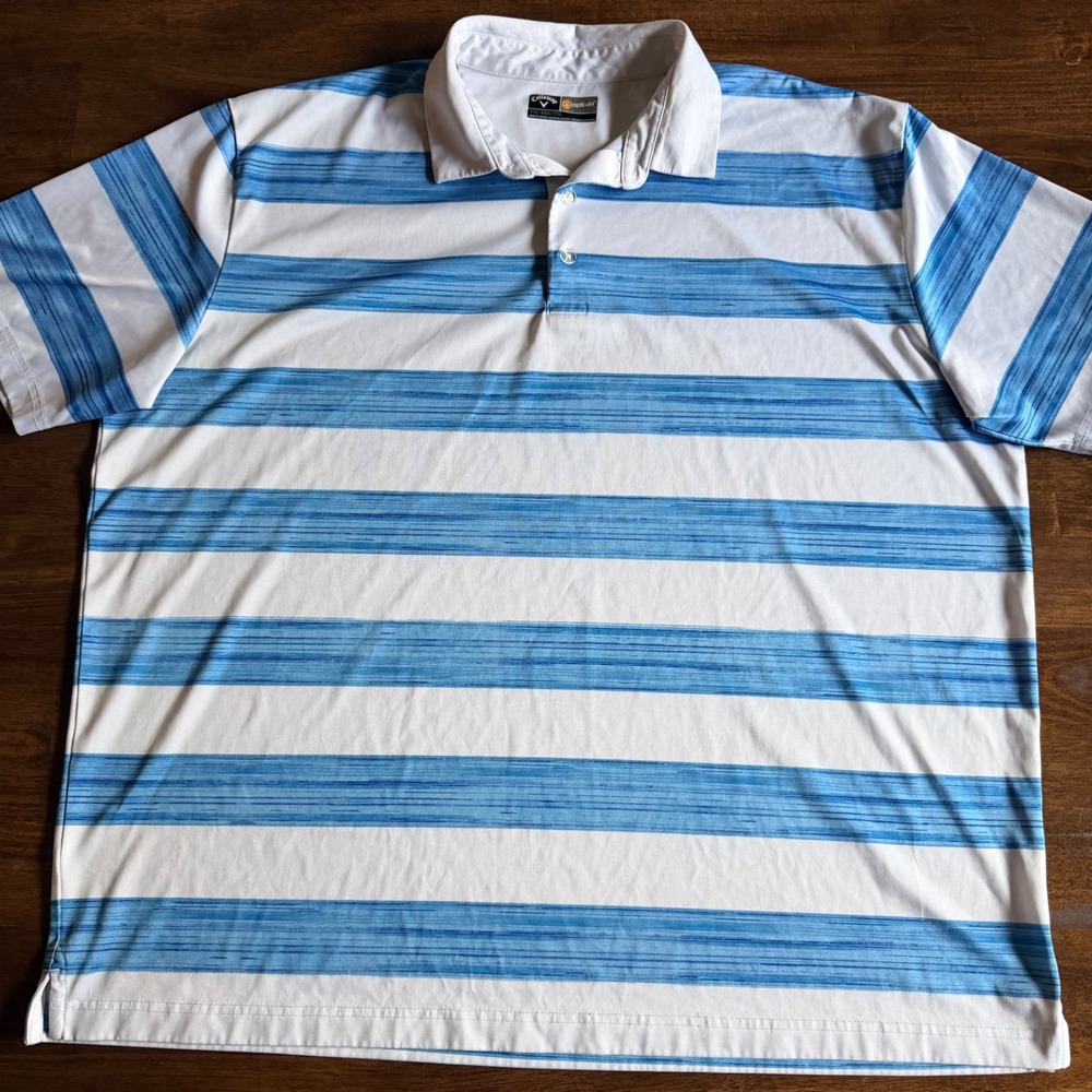 Callaway Opti-Dri Mens XXL Blue White Striped Short Sleeve Golf Polo Shirt